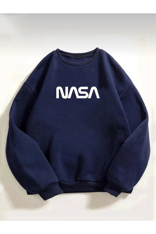 Unisex Pamuk Oversize Nasa Baskılı Lacivert Sweatshirt