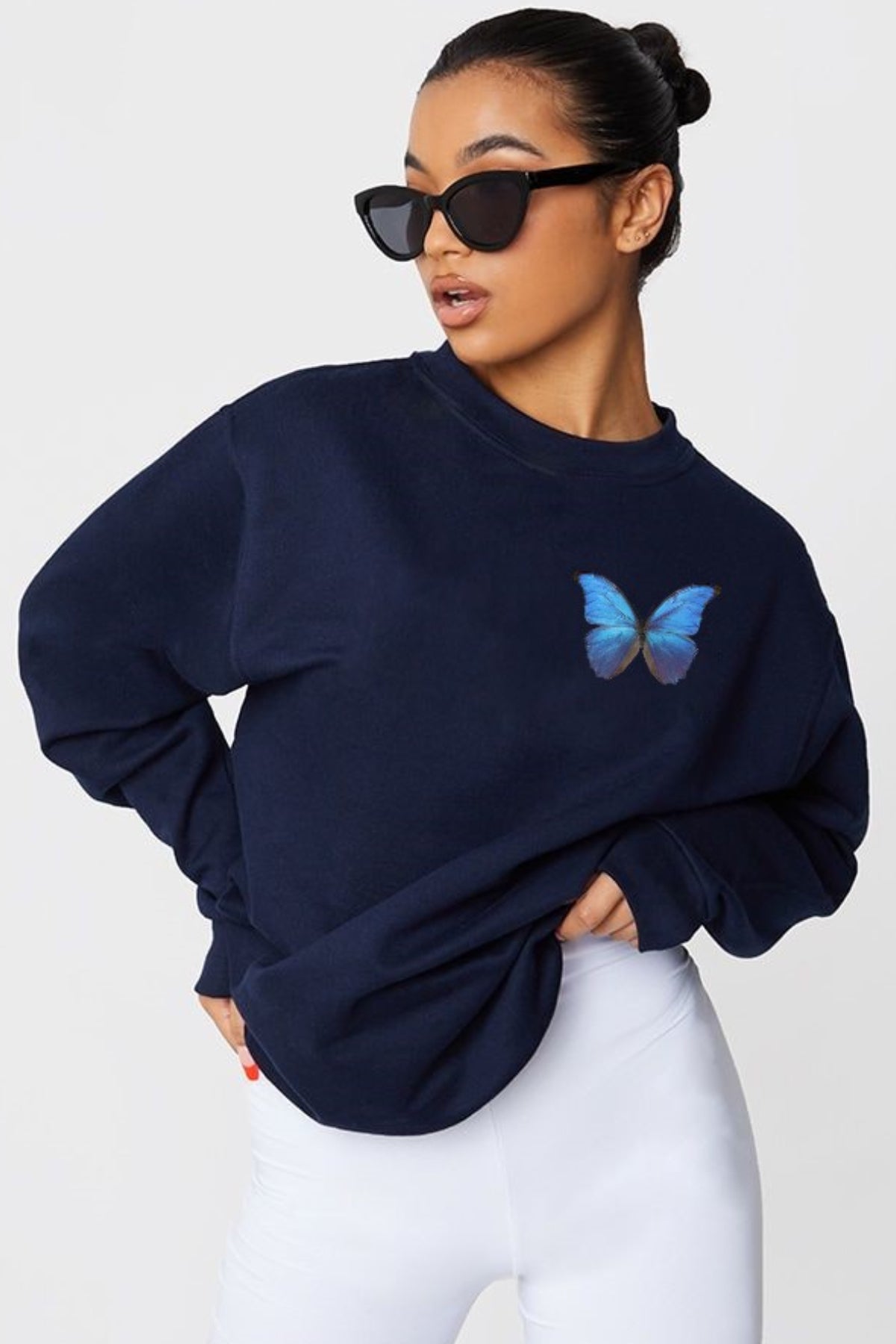 Unisex Pamuk Oversize Blue Butterfly Baskılı Lacivert Sweatshirt
