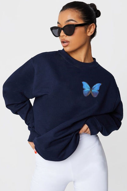 Unisex Pamuk Oversize Blue Butterfly Baskılı Lacivert Sweatshirt