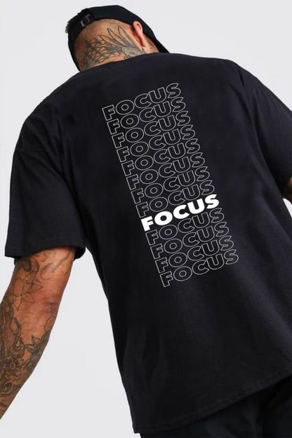 Pamuk Penye Kumaş Oversize Focus Sırt Baskılı Siyah T-shirt