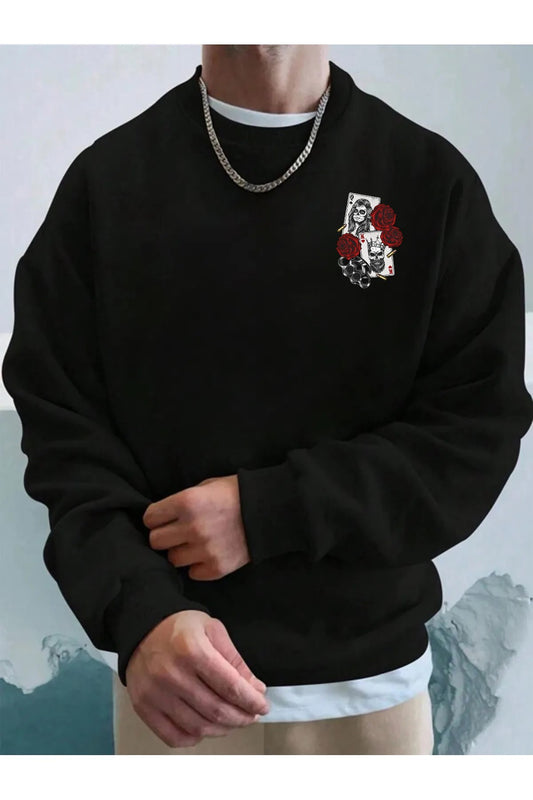 Pamuklu Unisex Oversize Maça-Kupa Baskılı Bisiklet Yaka Siyah Sweatshirt