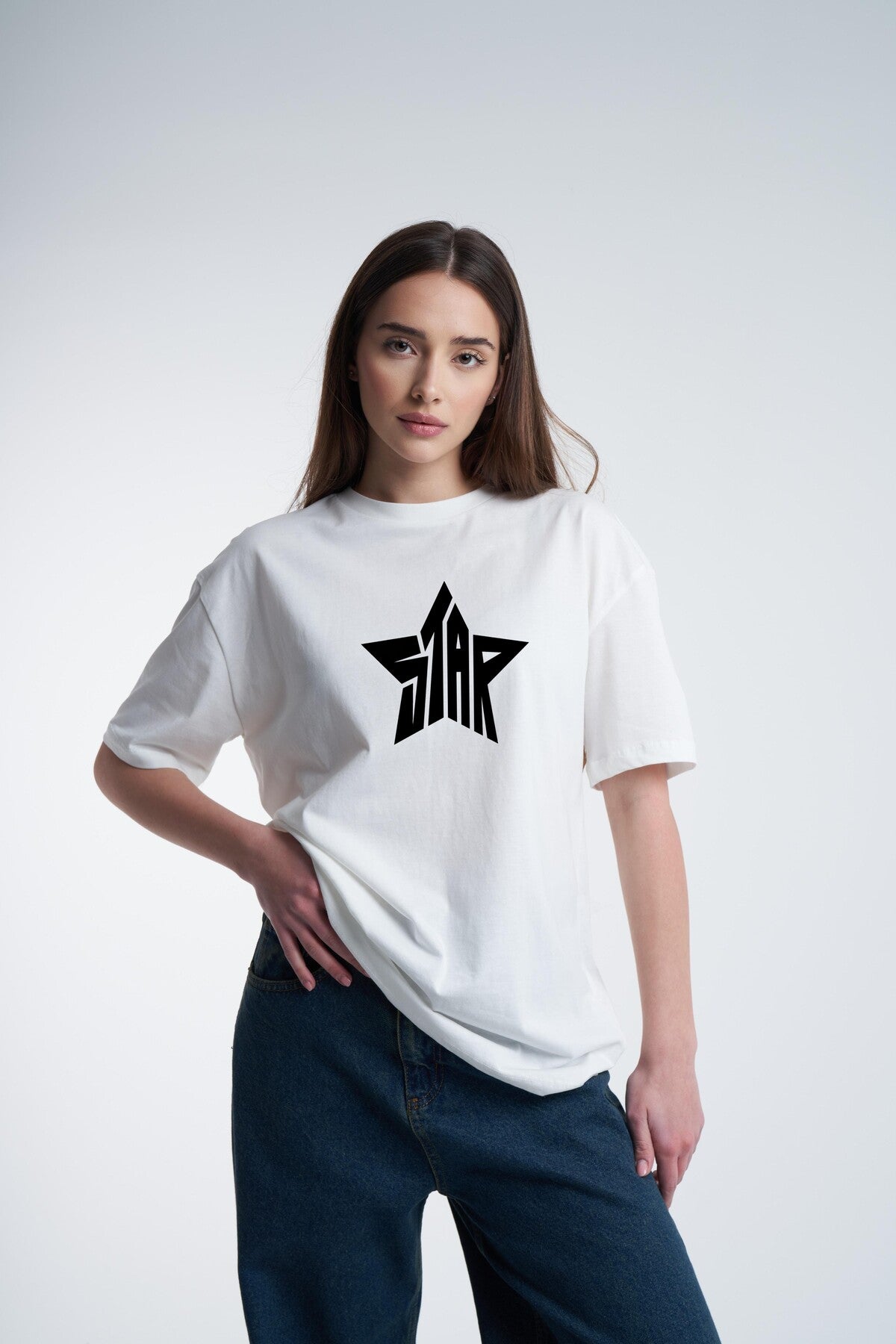 Premium Kalite Pamuk Penye - Oversize Kadın Tişört – Yazlık – Star Yıldız Baskılı – Beyaz T-shirt