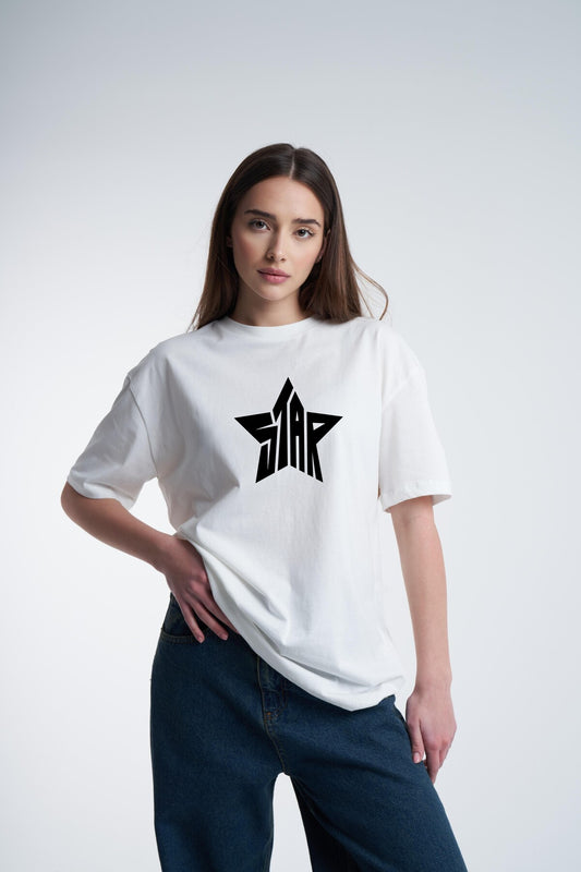 Premium Kalite Pamuk Penye - Oversize Kadın Tişört – Yazlık – Star Yıldız Baskılı – Beyaz T-shirt