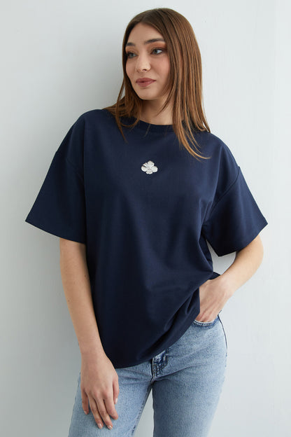 Kadın Çiçek Baskılı Bisiklet Yaka Pamuk Oversize Yuvarlak Yakalı T-shirt