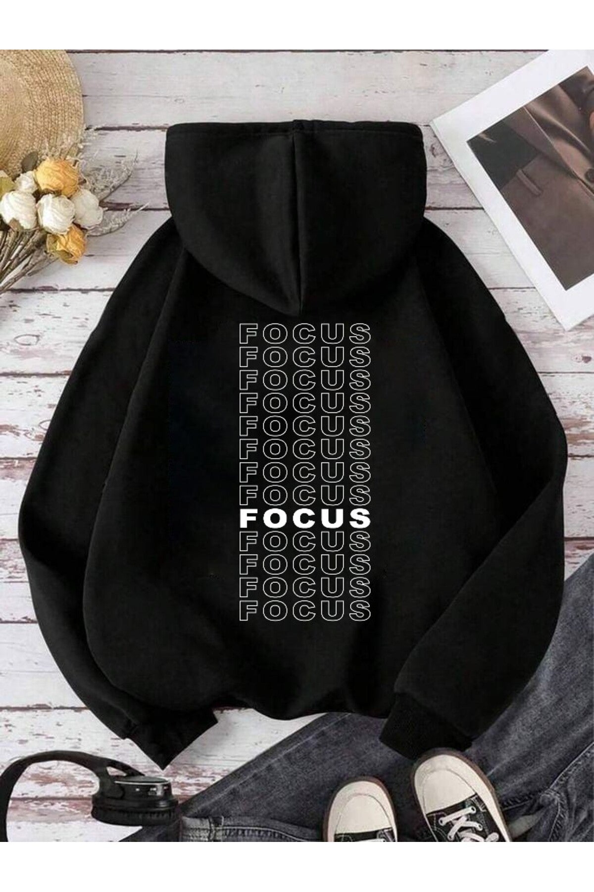 Unisex Focus Baskılı kapüşonlu Kanguru Cepli Siyah Sweatshirt