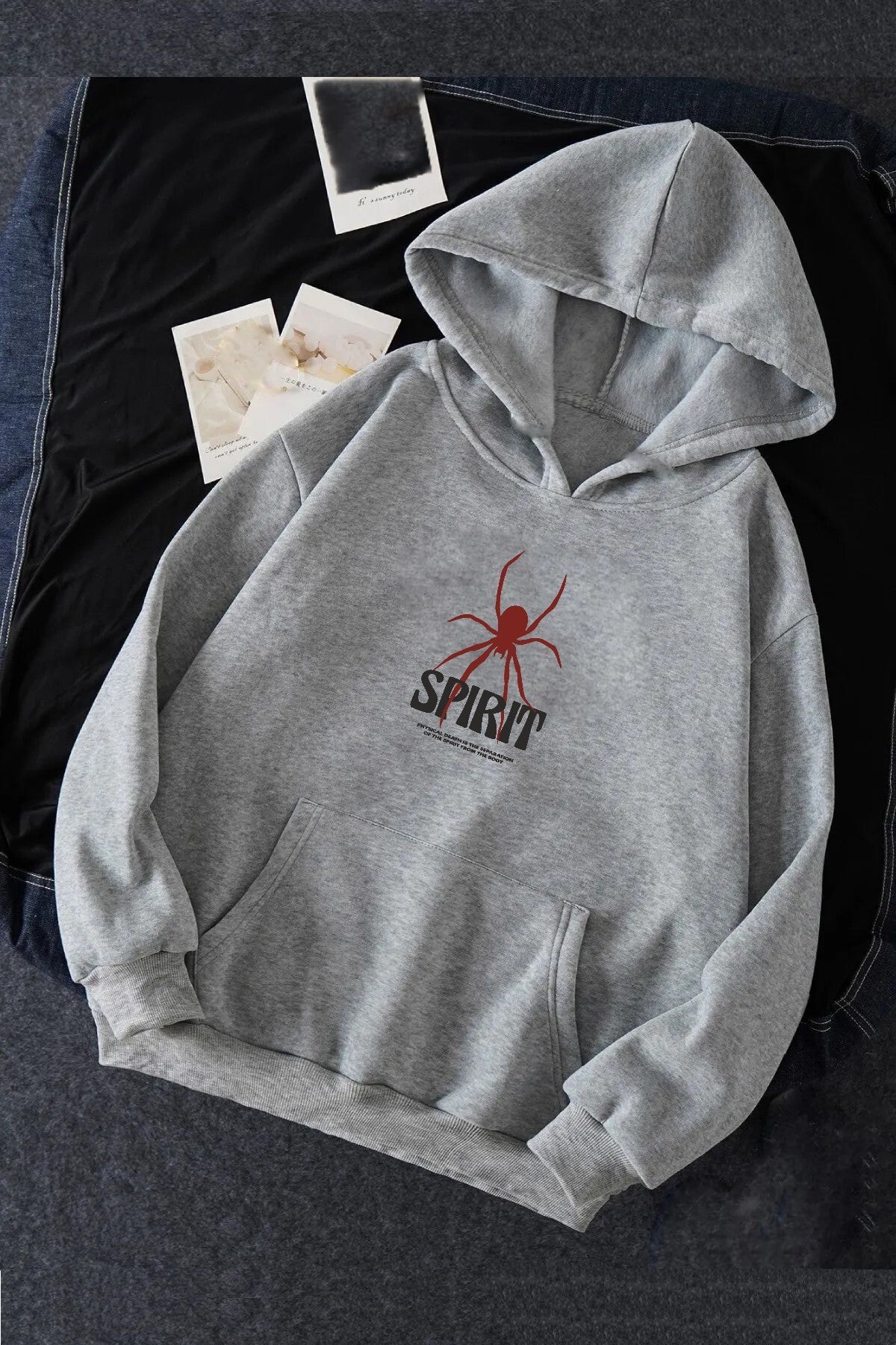 Spirit Baskılı Unisex Gri Kanguru Cepli Kapüşonlu Sweatshirt Hoodie