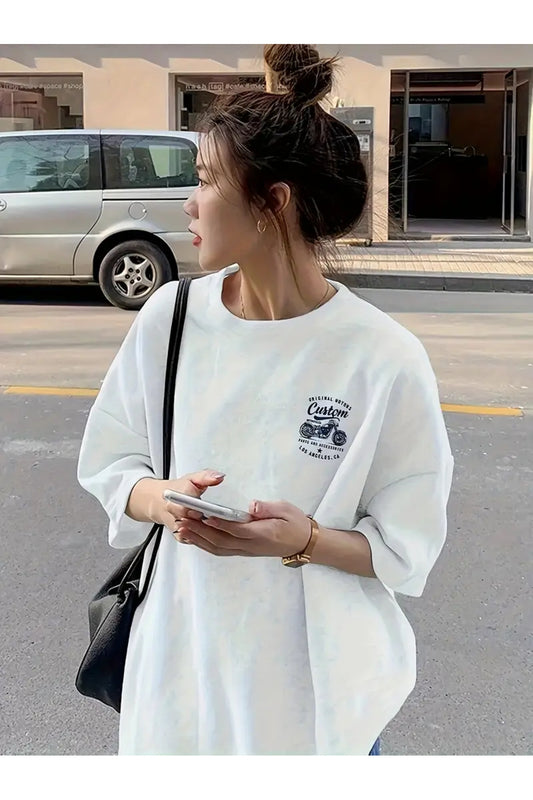 Unisex Custom Baskılı Bisiklet Yaka Pamuk Oversize Yuvarlak Yakalı Beyaz T-shirt
