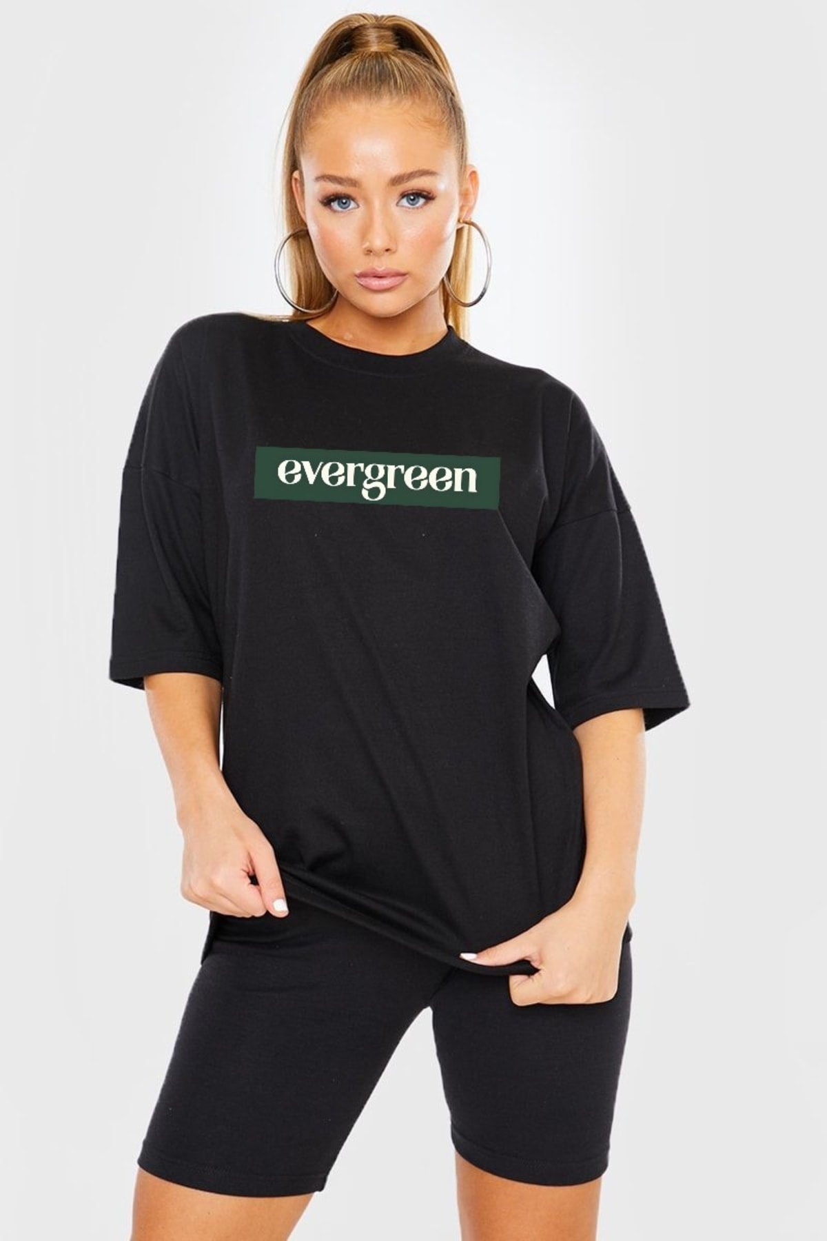 Pamuk Penye Kumaş Oversize Evergreen Baskılı Siyah Tshirt