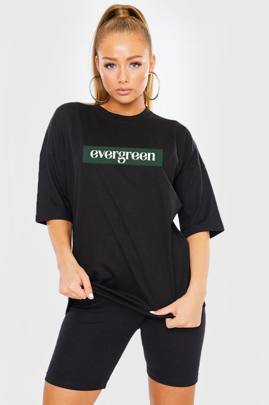Pamuk Penye Kumaş Oversize Evergreen Baskılı Siyah Tshirt