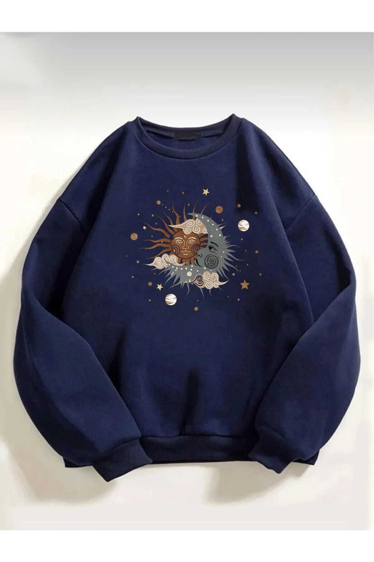 Unisex Ay Yıldız Baskılı Lacivert Bisiklet Yaka Sweatshirt