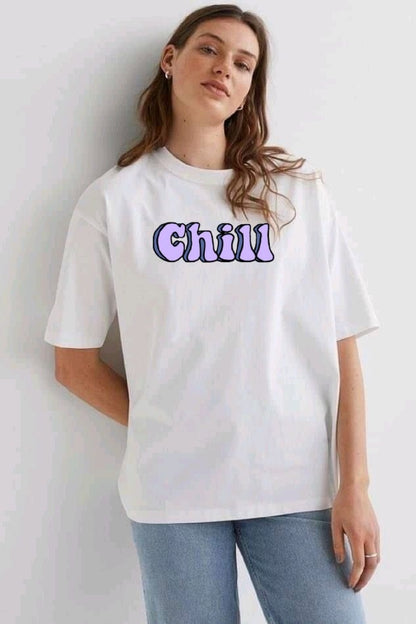 Pamuk Penye Kumaş Oversize Chill Baskılı Beyaz Tshirt