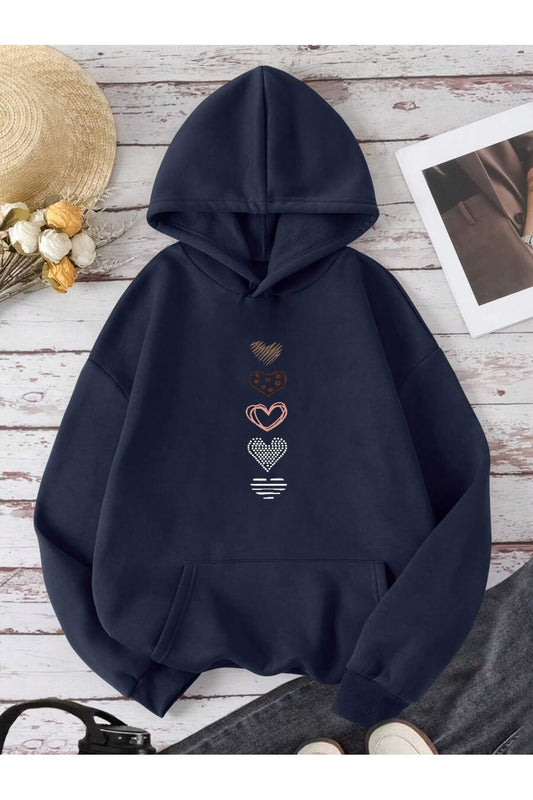 Unisex Kalp Baskılı Lacivert Kapüşonlu Kanguru Cepli Sweatshirt