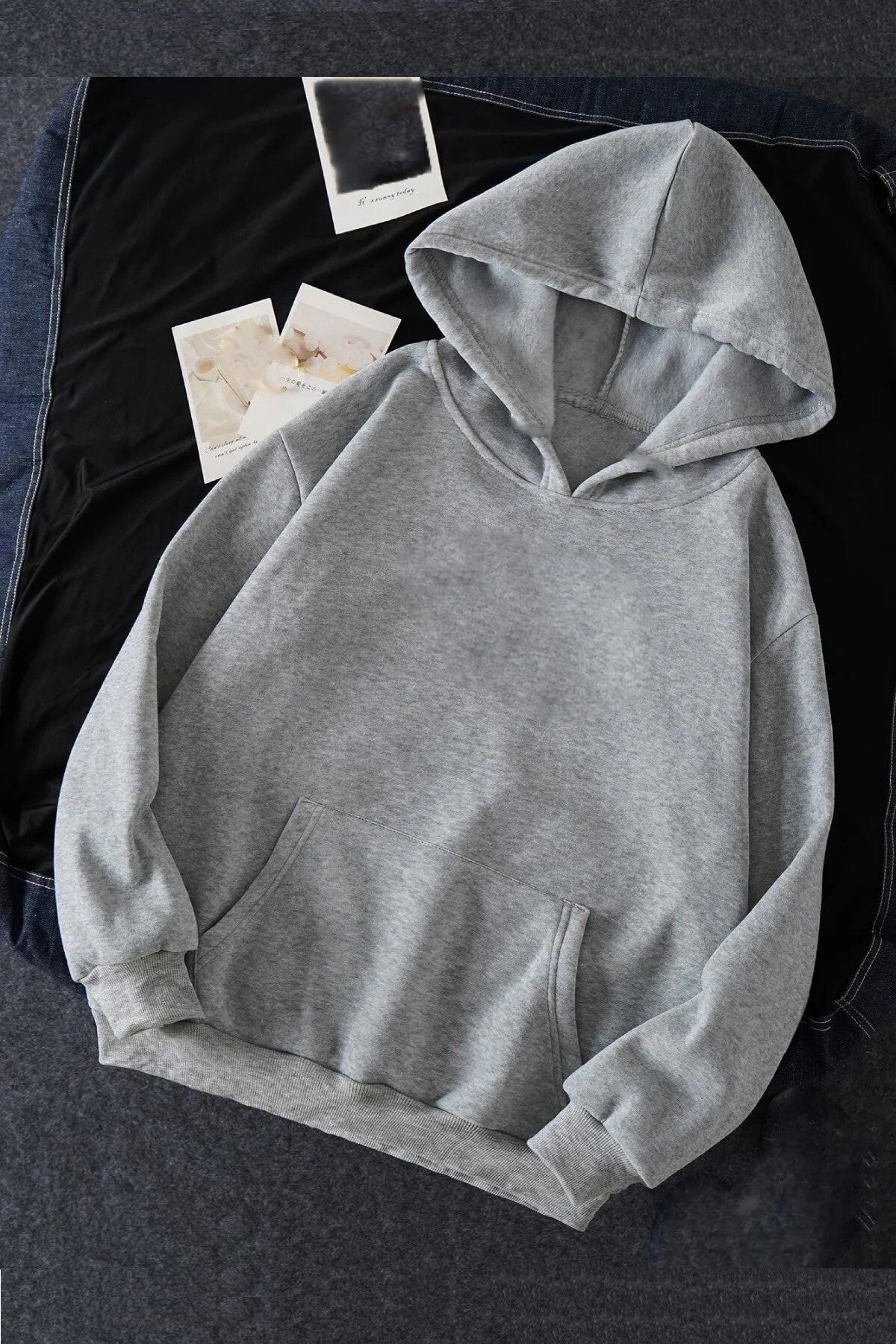 Unisex Gri Kanguru Cepli Kapüşonlu Basic Düz Sweatshirt Hoodie