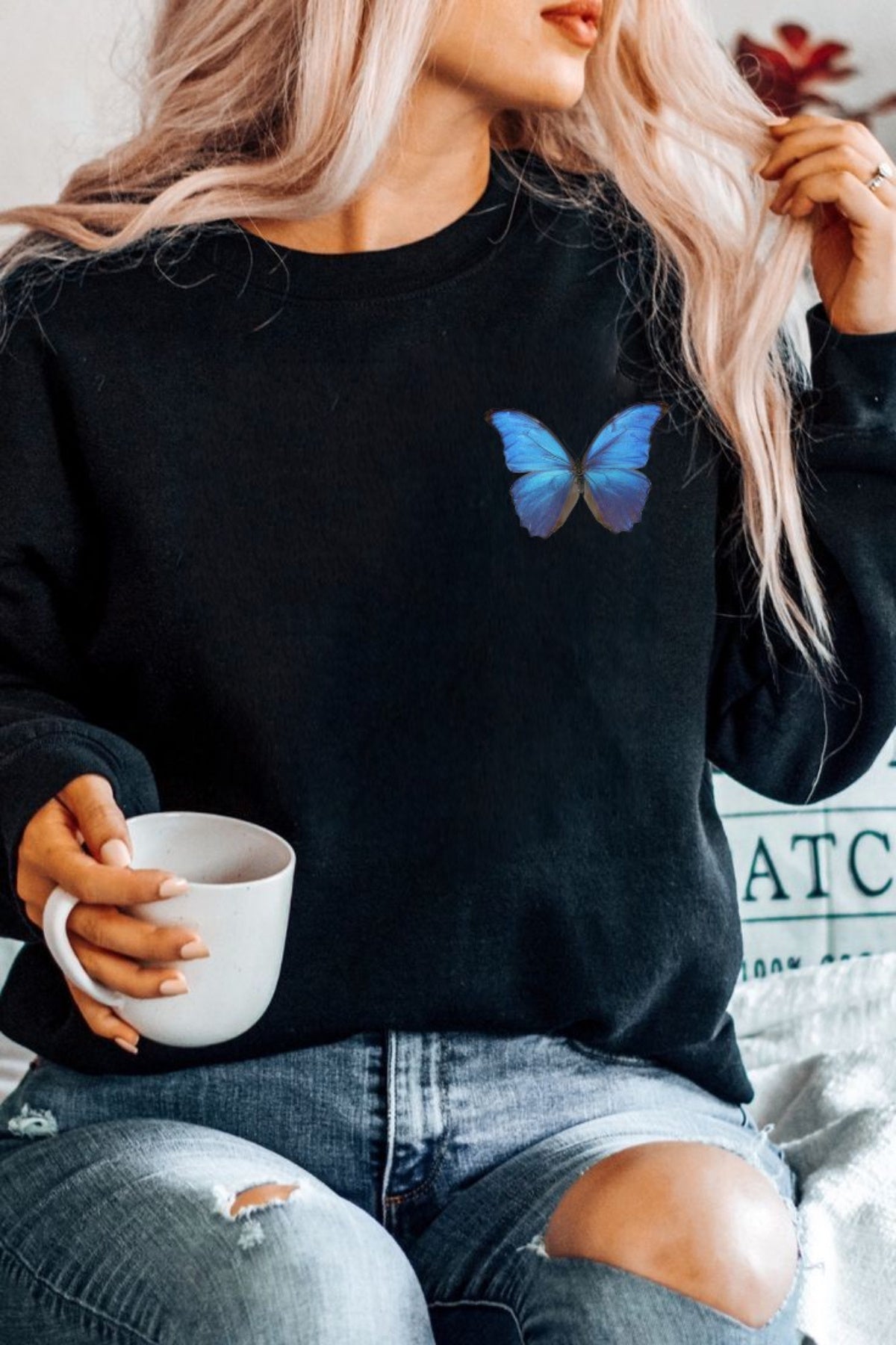 Pamuk Oversize Blue Butterfly Baskılı Siyah Sweatshirt