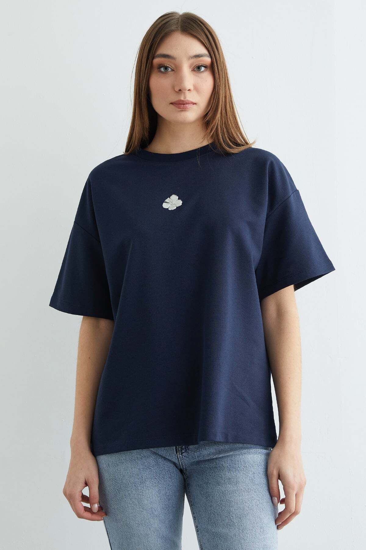 Kadın Çiçek Baskılı Bisiklet Yaka Pamuk Oversize Yuvarlak Yakalı T-shirt