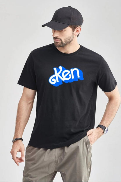 Erkek Siyah Oversize Bisiklet Yaka Ken Baskılı Pamuklu T-Shirt