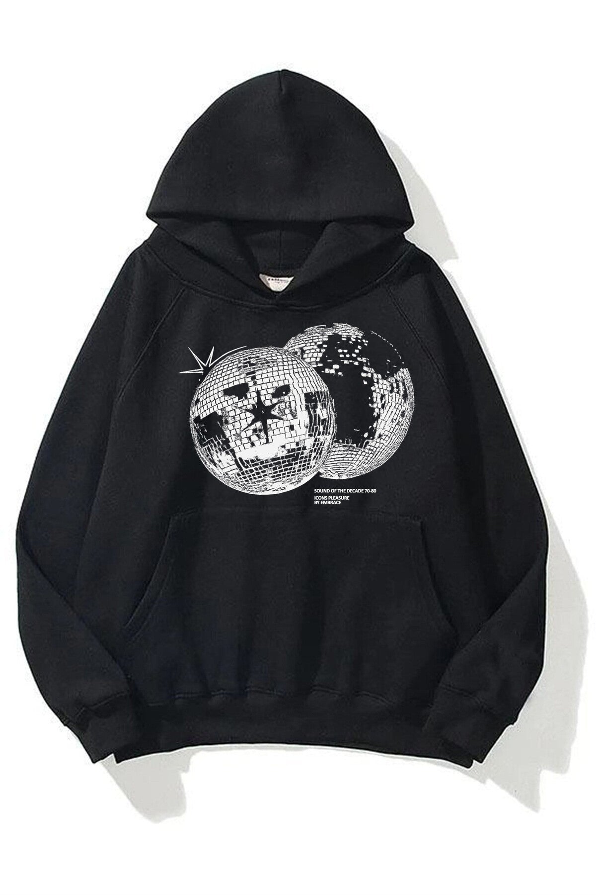 Unisex Disco World Siyah Kapüşonlu Kanguru cepli Sweatshirt