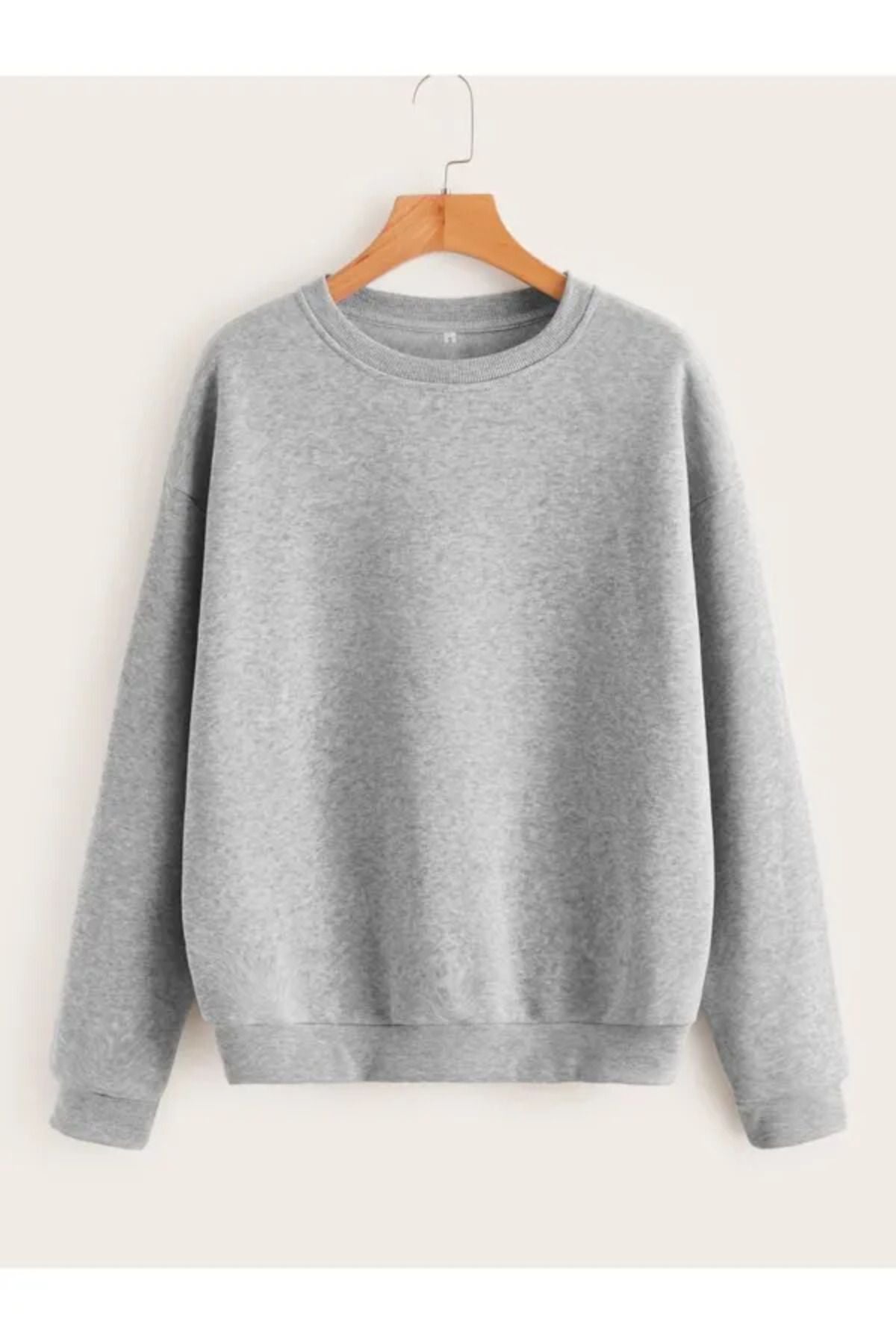 Pamuklu Unisex Oversize Basic Düz Bisiklet Yaka Gri Sweatshirt