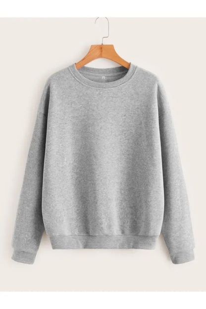 Pamuklu Unisex Oversize Basic Düz Bisiklet Yaka Gri Sweatshirt