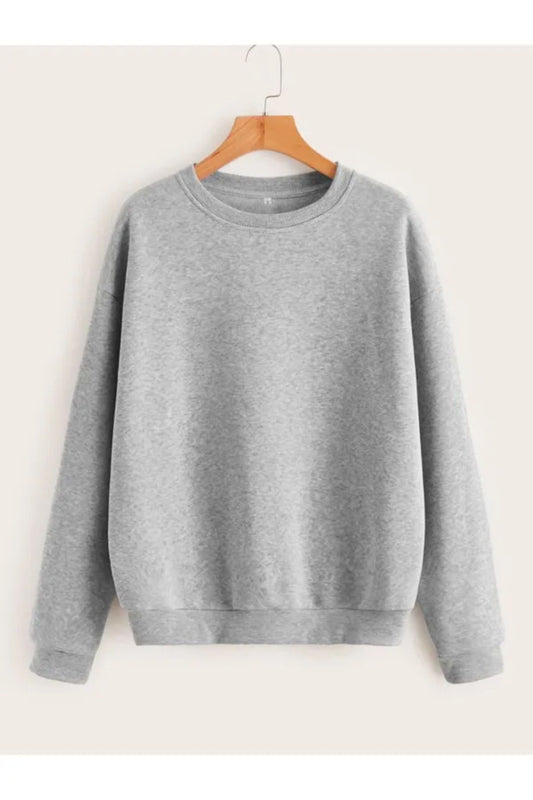 Pamuklu Unisex Oversize Basic Düz Bisiklet Yaka Gri Sweatshirt
