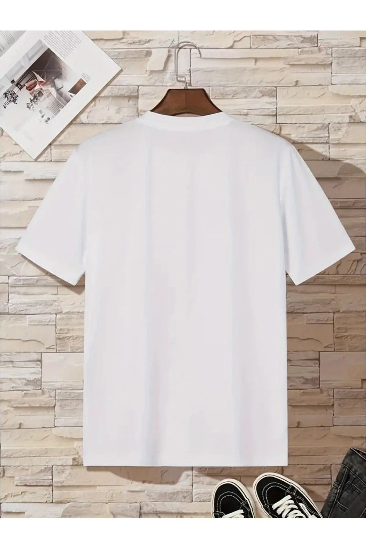 Unisex Bisiklet Yaka Ayıcık Baskılı Pamuk Oversize Yuvarlak Yakalı Beyaz T-shirt