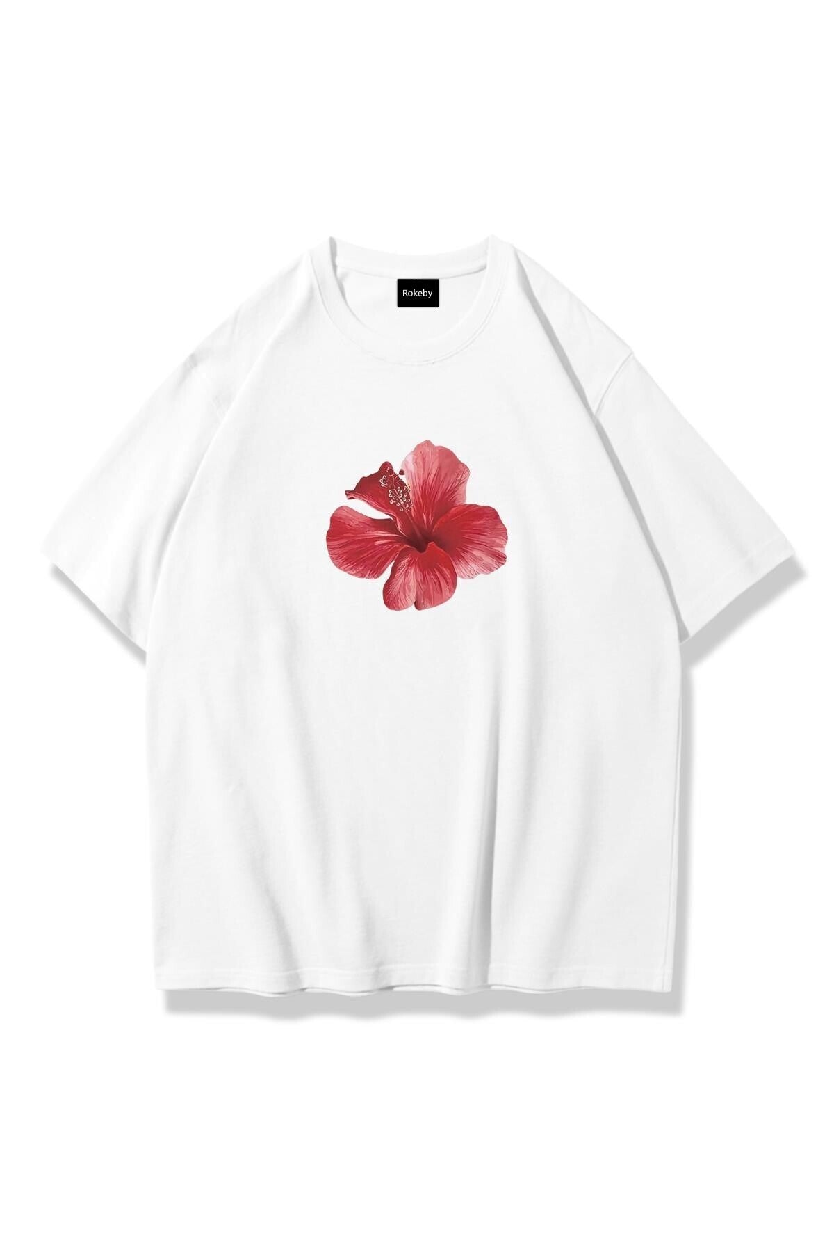 Kadın Bisiklet Yaka Baskılı Pamuk Oversize Yuvarlak Yakalı Beyaz T-shirt