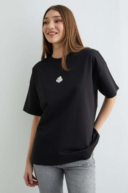 Kadın Çiçek Baskılı Bisiklet Yaka Pamuk Oversize Yuvarlak Yakalı T-shirt