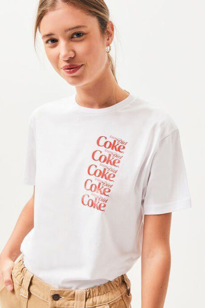 Pamuk Penye Kumaş Oversize Coke Baskılı Beyaz T-shirt