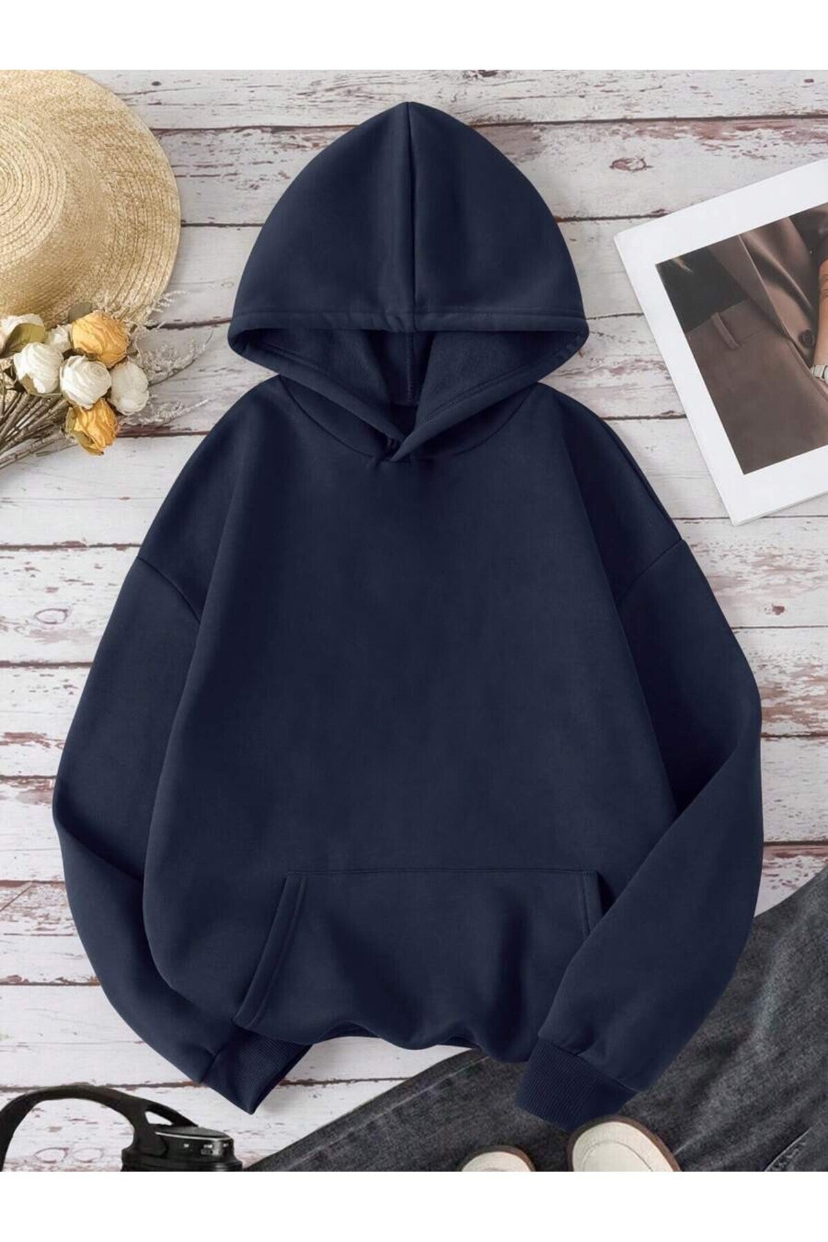 Unisex Van Gogh Sırt Baskılı Kapüşonlu Oversize Kanguru cepli Lacivert Sweatshirt