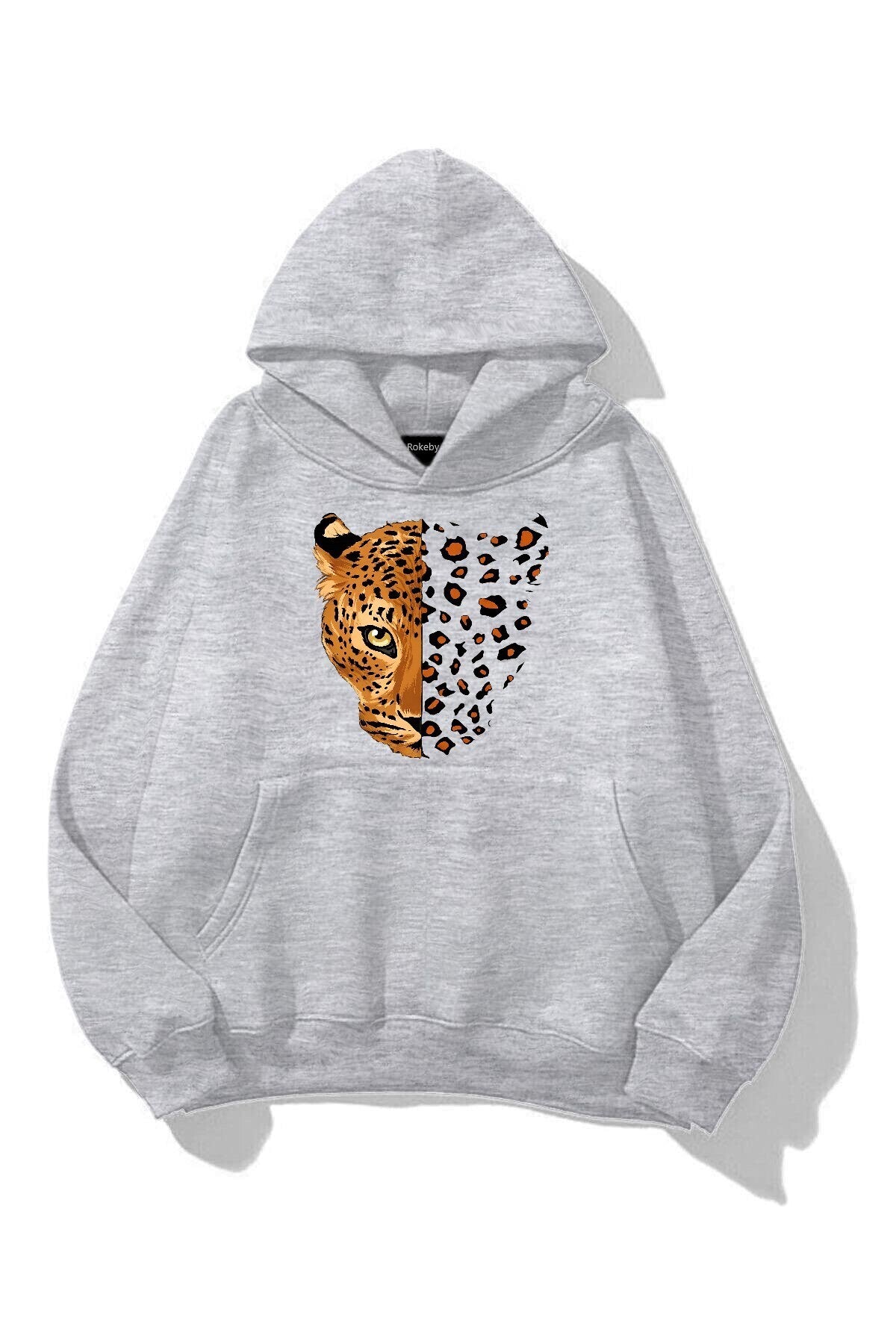 Unisex Yarım Yüz Leopar Baskılı Kanguru cepli Kapüşonlu Gri Sweatshirt