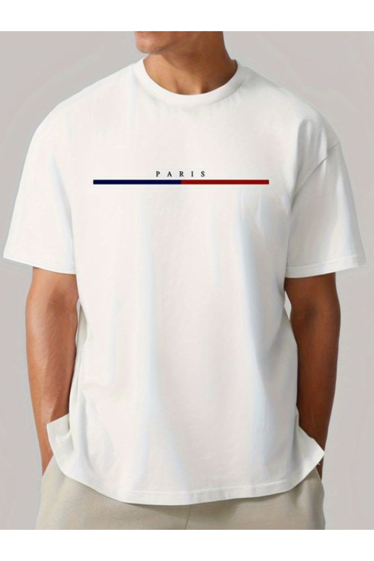 Pamuk Penye Kumaş Oversize Paris Baskılı Beyaz T-shirt