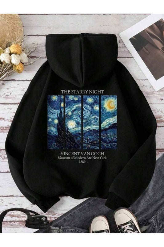 Unisex Van Gogh Sırt Baskılı Kapüşonlu Oversize Kanguru cepli Siyah Sweatshirt