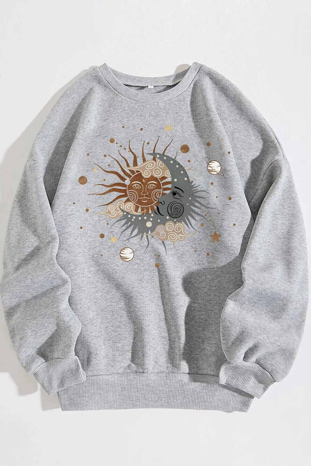 Unisex Ay Yıldız Baskılı Gri Bisiklet Yaka Sweatshirt