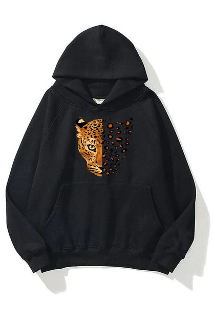 Unisex Yarım Yüz Leopar Baskılı Siyah Kapüşonlu Sweatshirt
