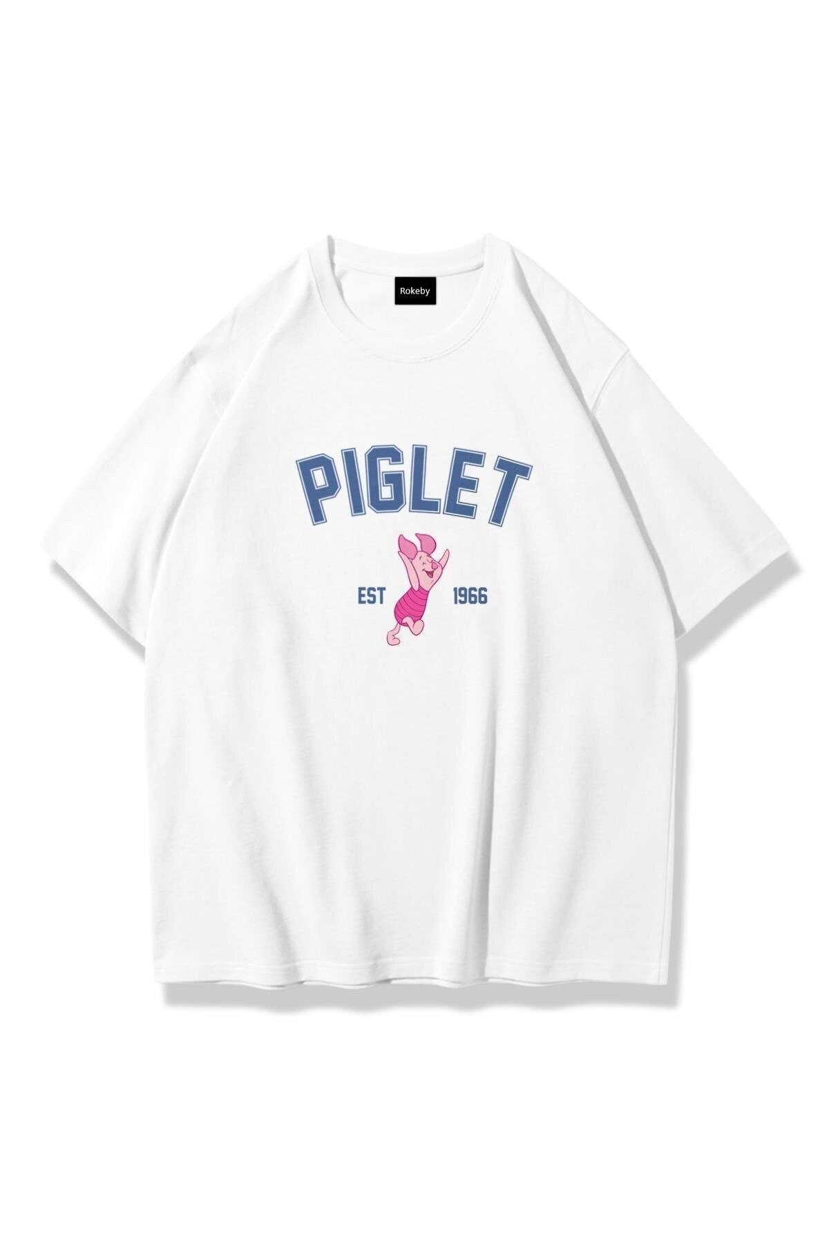 Kadın Bisiklet Yaka Baskılı Pamuk Oversize Yuvarlak Yakalı Beyaz T-shirt