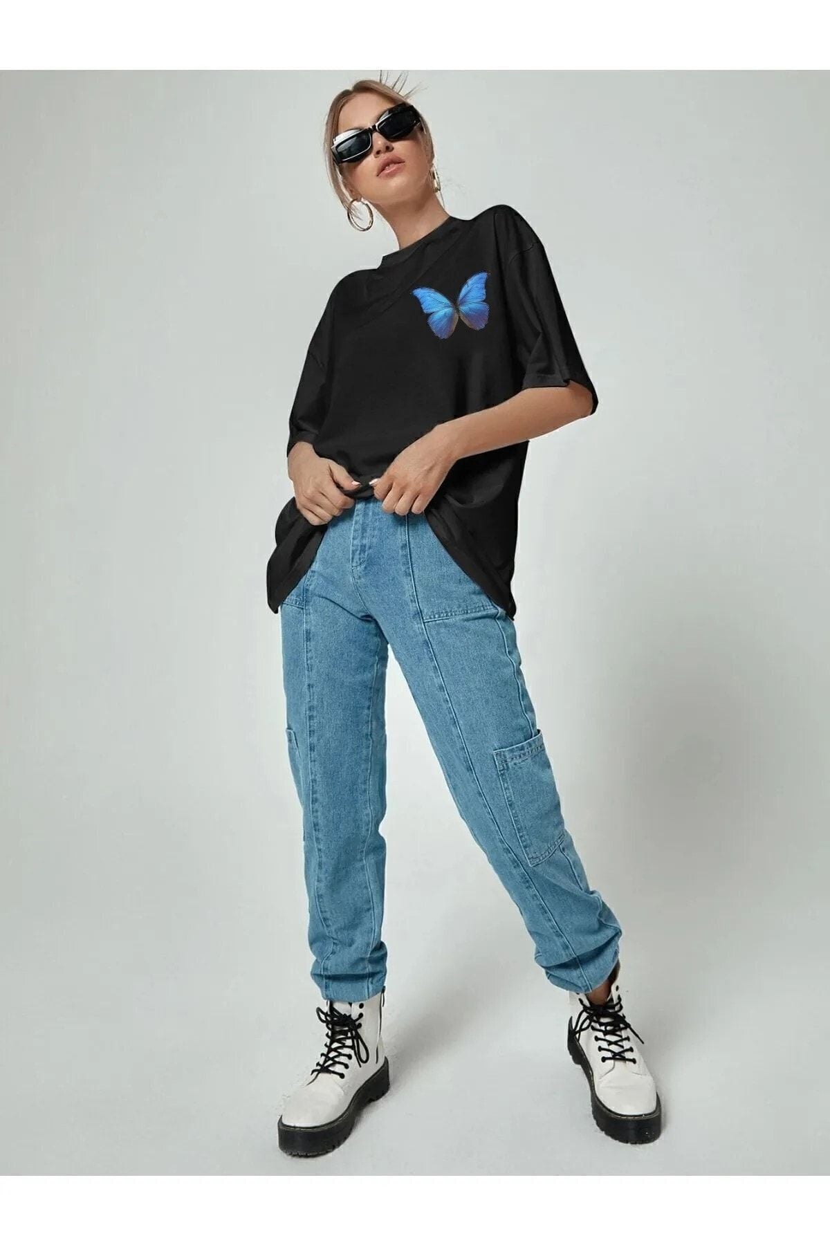Blue Butterfly Baskılı Oversize Pamuk Penye Kumaş Siyah Tshirt