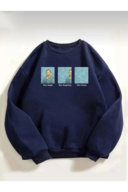 Unisex Lacivert Van gogh Baskılı Bisiklet Yaka Oversize Sweatshirt