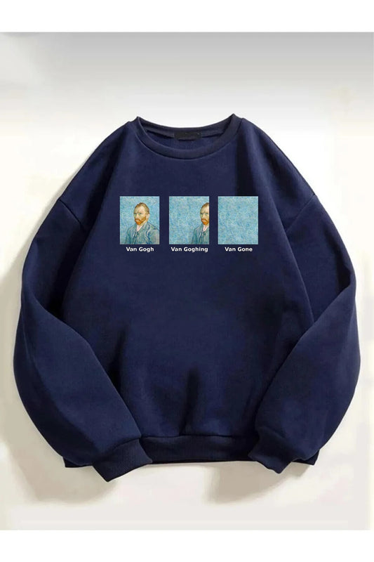 Unisex Lacivert Van gogh Baskılı Bisiklet Yaka Oversize Sweatshirt