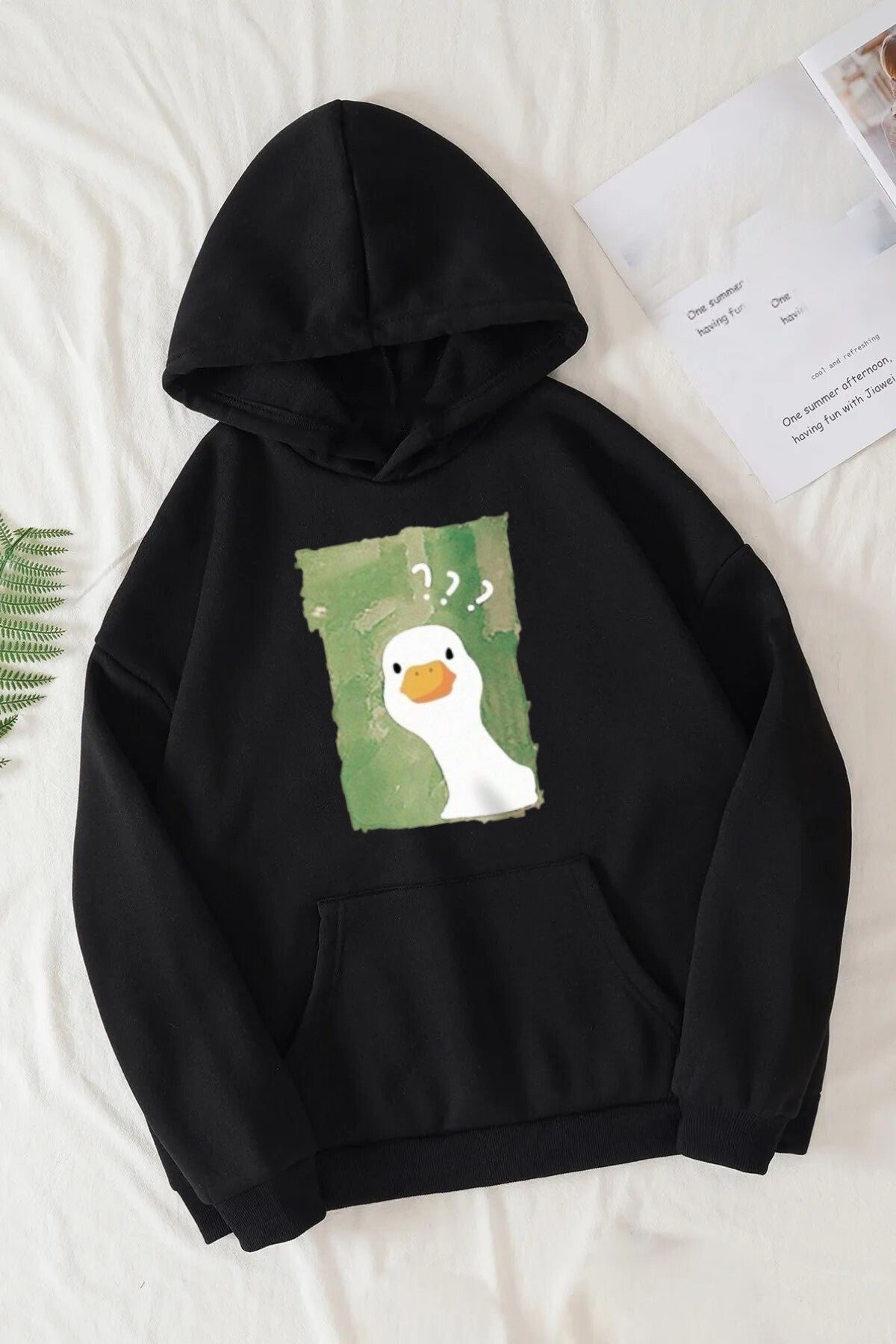 Unisex Ördek Baskılı Kapüşonlu Kanguru Cepli Siyah Sweatshirt Hoodie