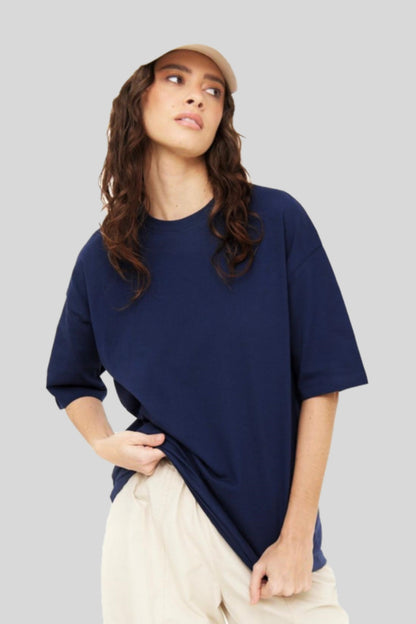 Pamuk Kumaş Oversize Lacivert ve Bej T-shirt Bisiklet Yaka 2'li Paket