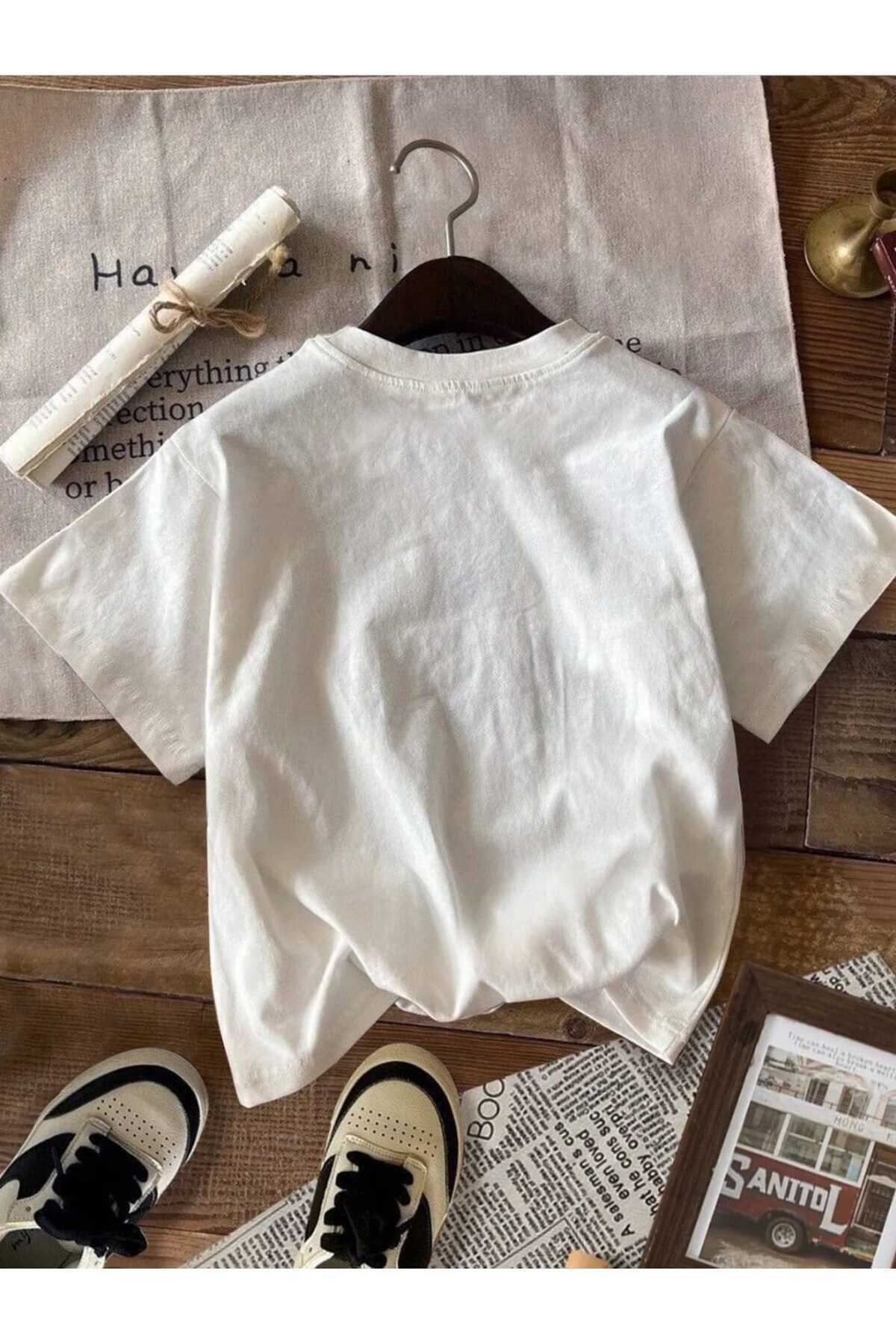 Kadın Bisiklet Yaka Baskılı Pamuk Oversize Yuvarlak Yakalı Beyaz T-shirt