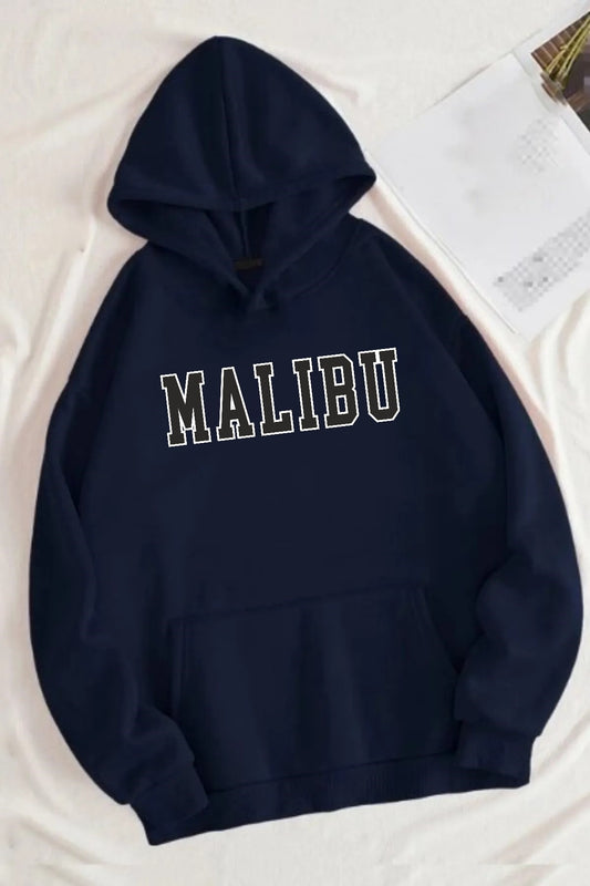 Pamuklu Oversize Malibu Baskılı Kanguru Cepli Kapüşonlu Lacivert Sweatshirt Hoodie