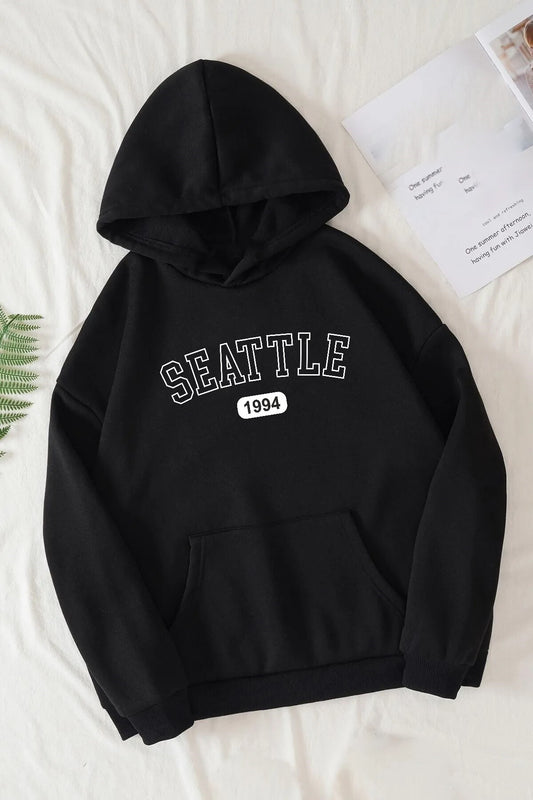 Pamuklu Oversize Seattle Baskılı Kanguru Cepli Kapüşonlu Siyah Sweatshirt Hoodie