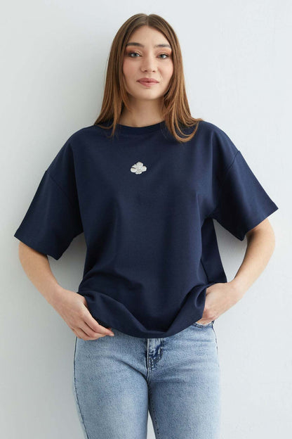 Kadın Çiçek Baskılı Bisiklet Yaka Pamuk Oversize Yuvarlak Yakalı T-shirt