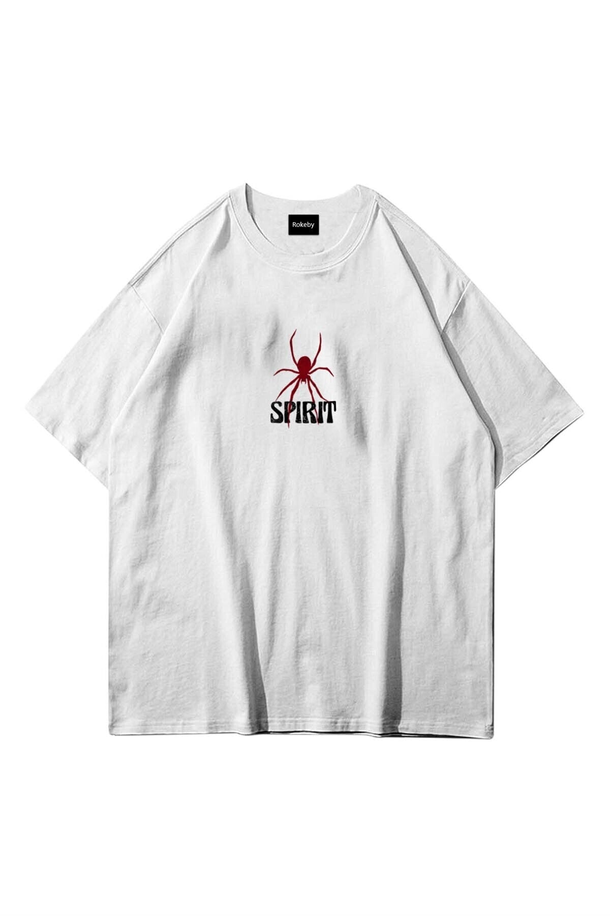 Unisex Spirit Baskılı Bisiklet Yaka Pamukt Oversize Yuvarlak Yakalı Beyaz T-shirt