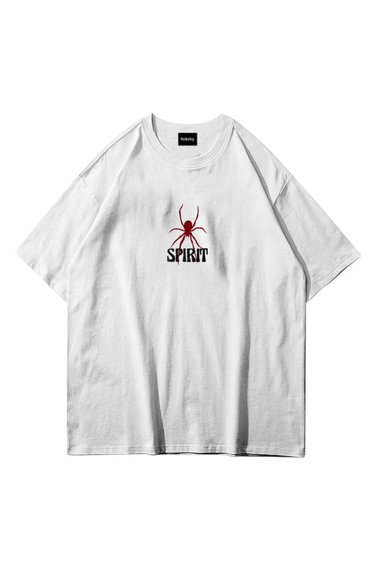 Unisex Spirit Baskılı Bisiklet Yaka Pamukt Oversize Yuvarlak Yakalı Beyaz T-shirt