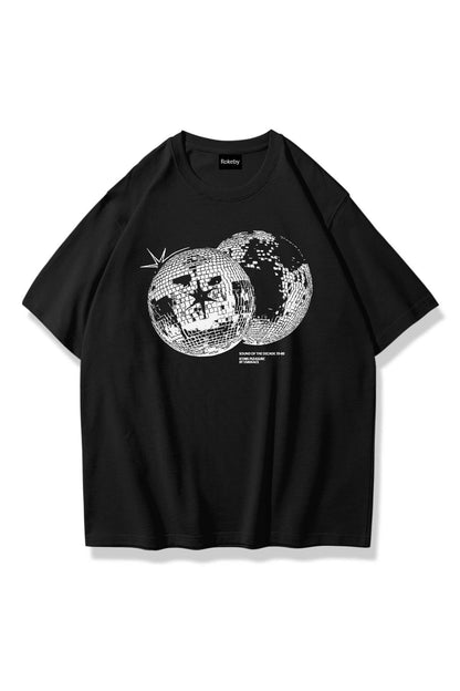 Unisex Disco World Baskılı Bisiklet Yaka Pamukt Oversize Yuvarlak Yakalı T-shirt