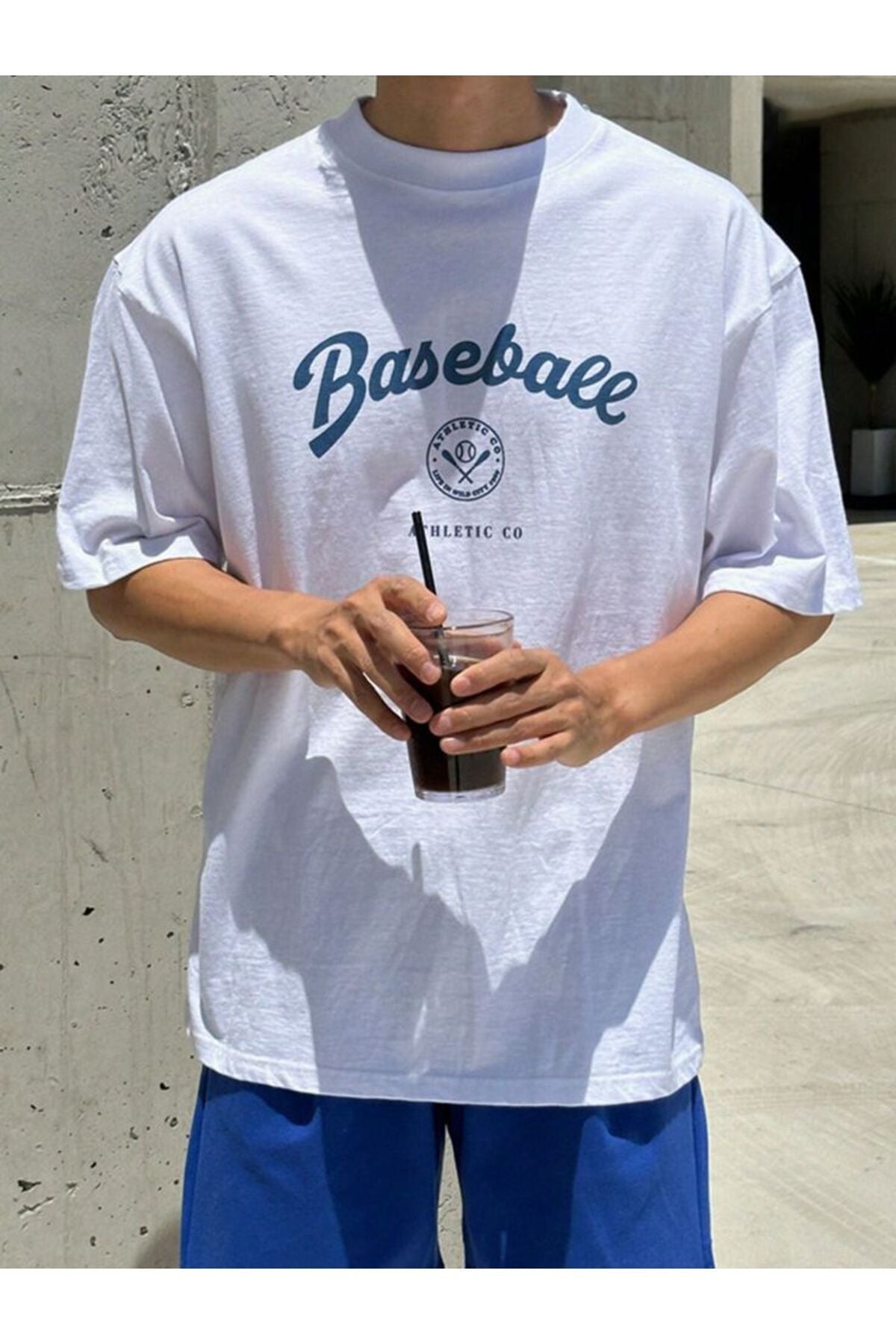 Pamuk Penye Kumaş Oversize Baseball Baskılı Beyaz T-shirt