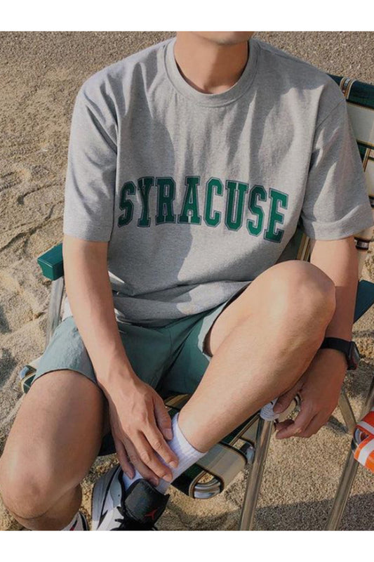 Pamuk Penye Kumaş Oversize Syracuse Baskılı Gri T-shirt