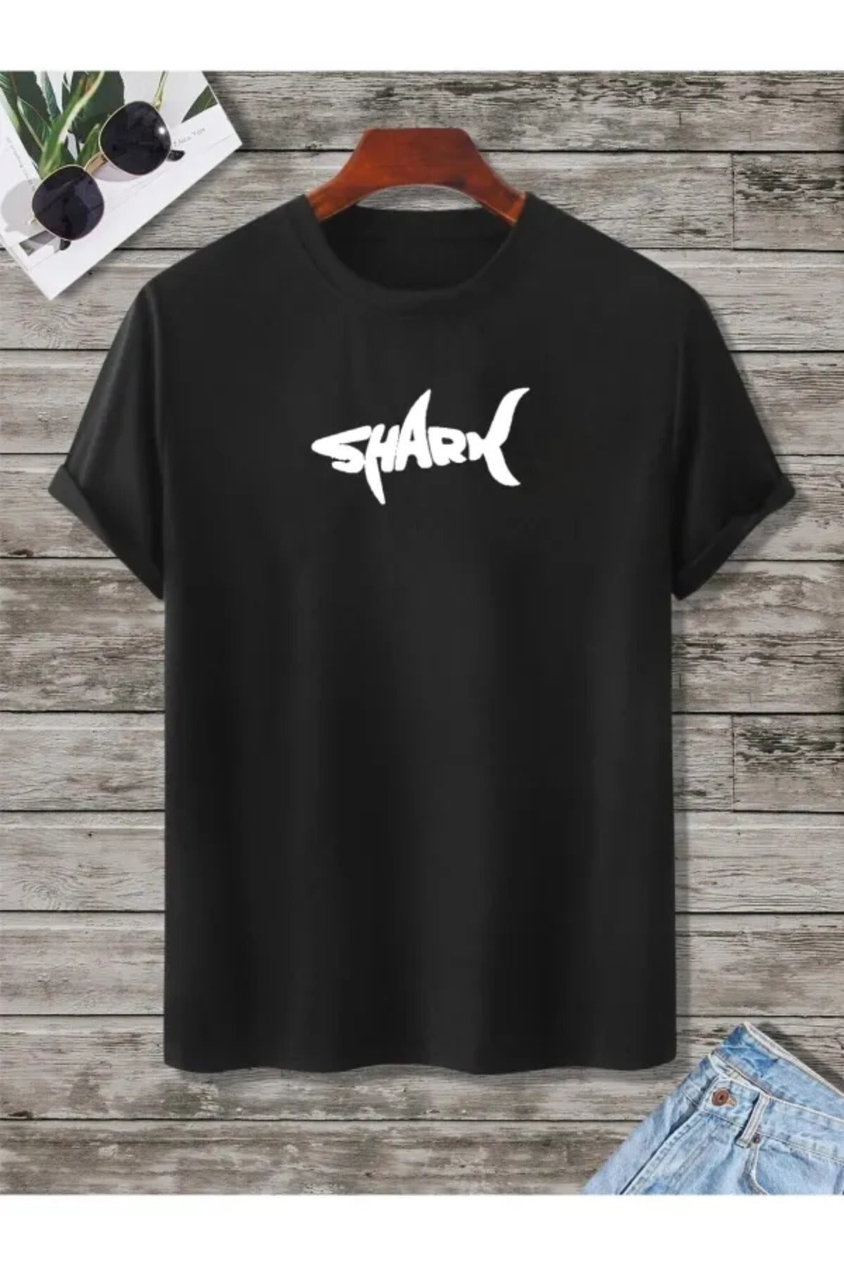 Unisex Siyah Oversize Tişört – %100 Pamuk Penye – Shark Baskılı – Rahat Kalıp Yazlık Basic T-shirt